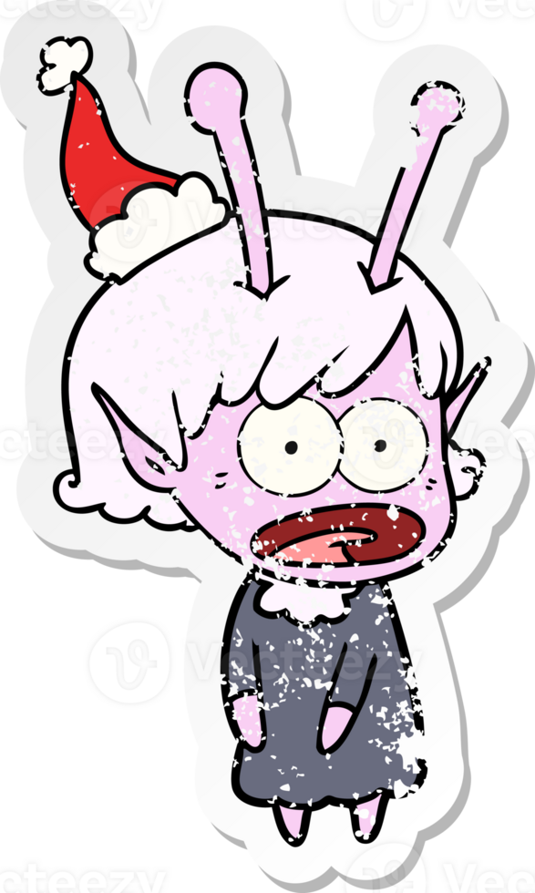 hand- getrokken verontrust sticker tekenfilm van een geschokt buitenaards wezen meisje vervelend de kerstman hoed png