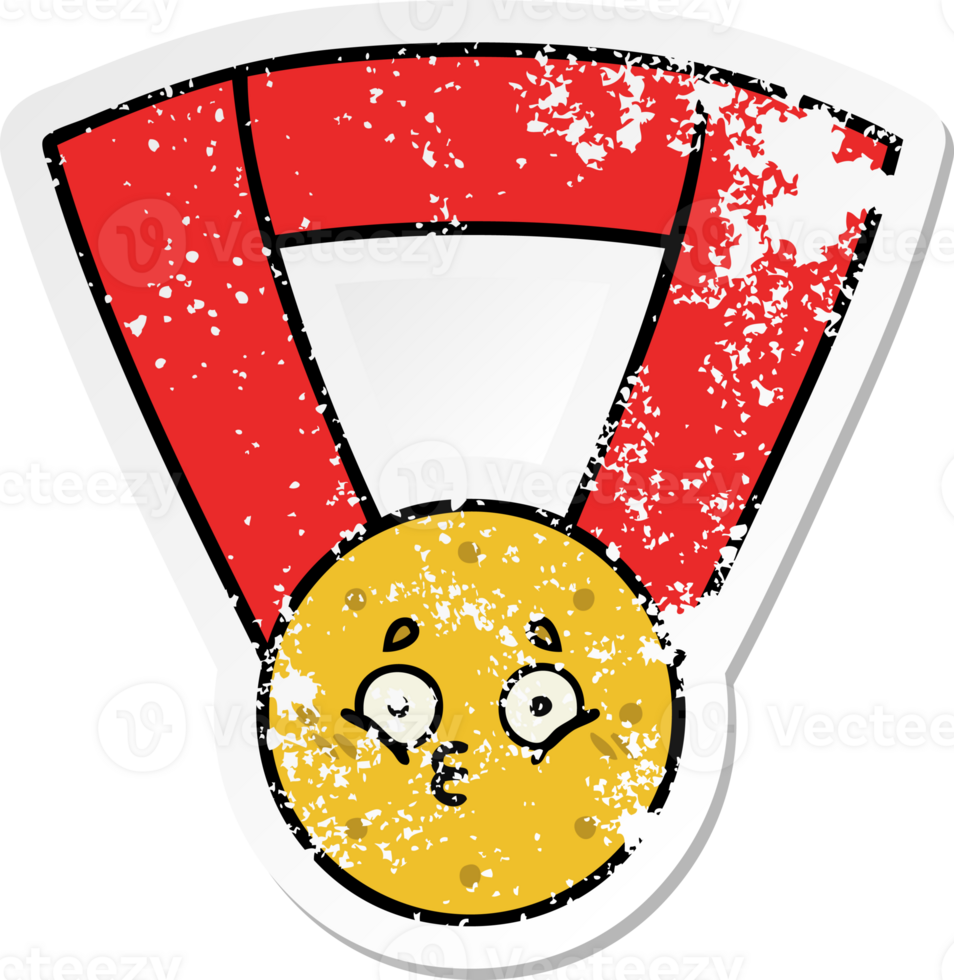 distressed sticker of a cute cartoon gold medal png