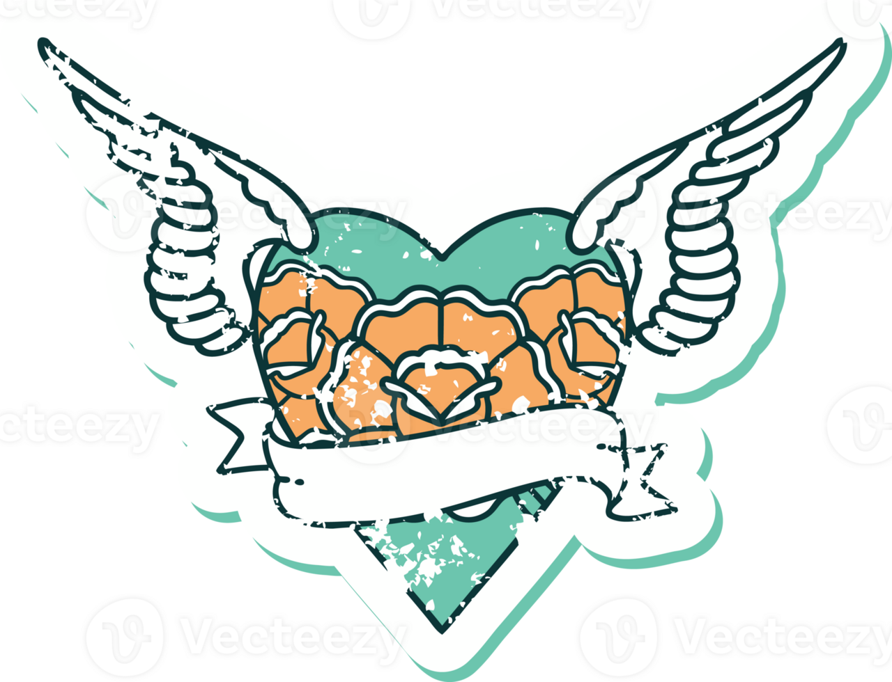 iconic distressed sticker tattoo style image of heart with wings flowers and banner png