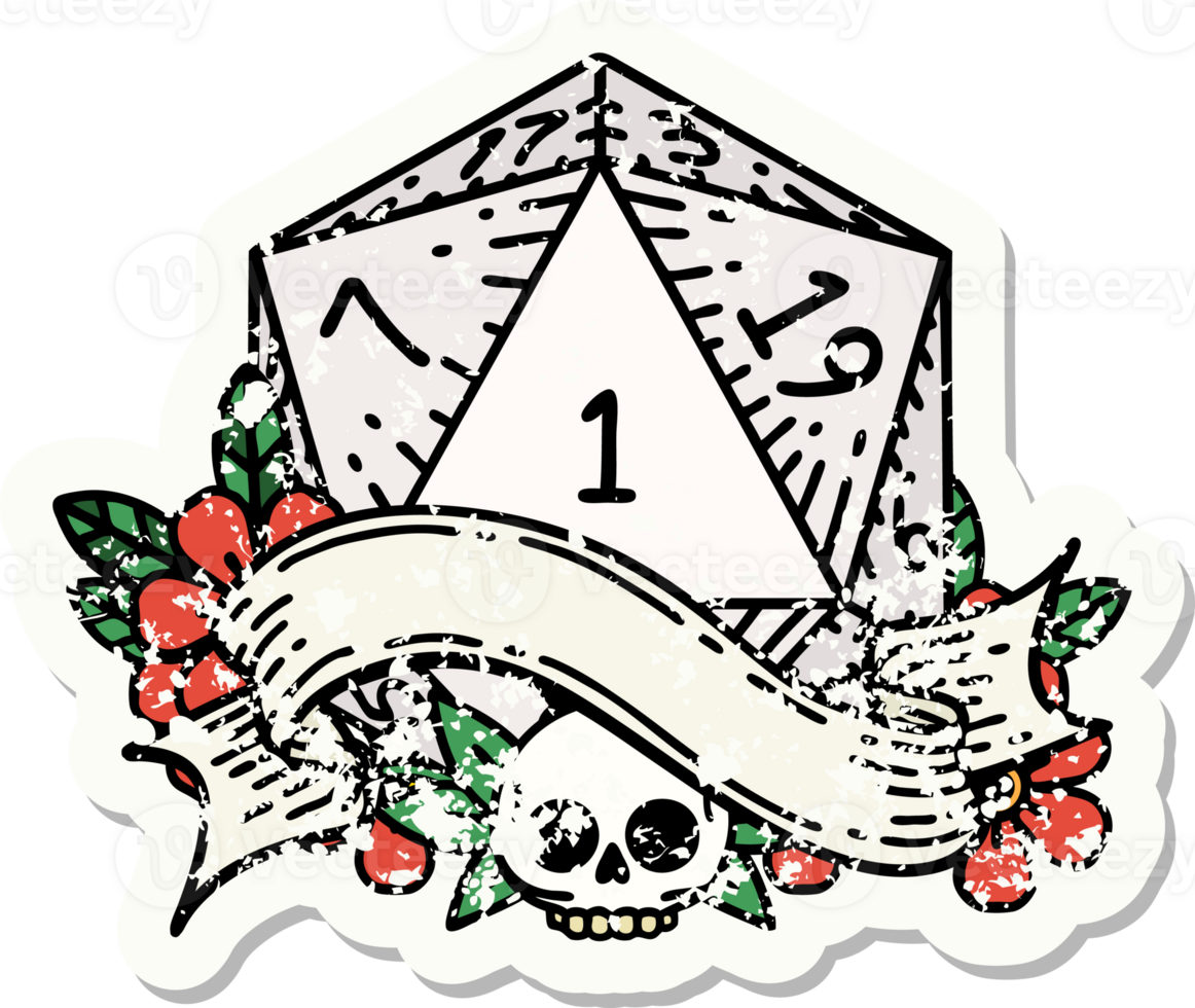 grunge sticker of a natural one d20 dice roll png