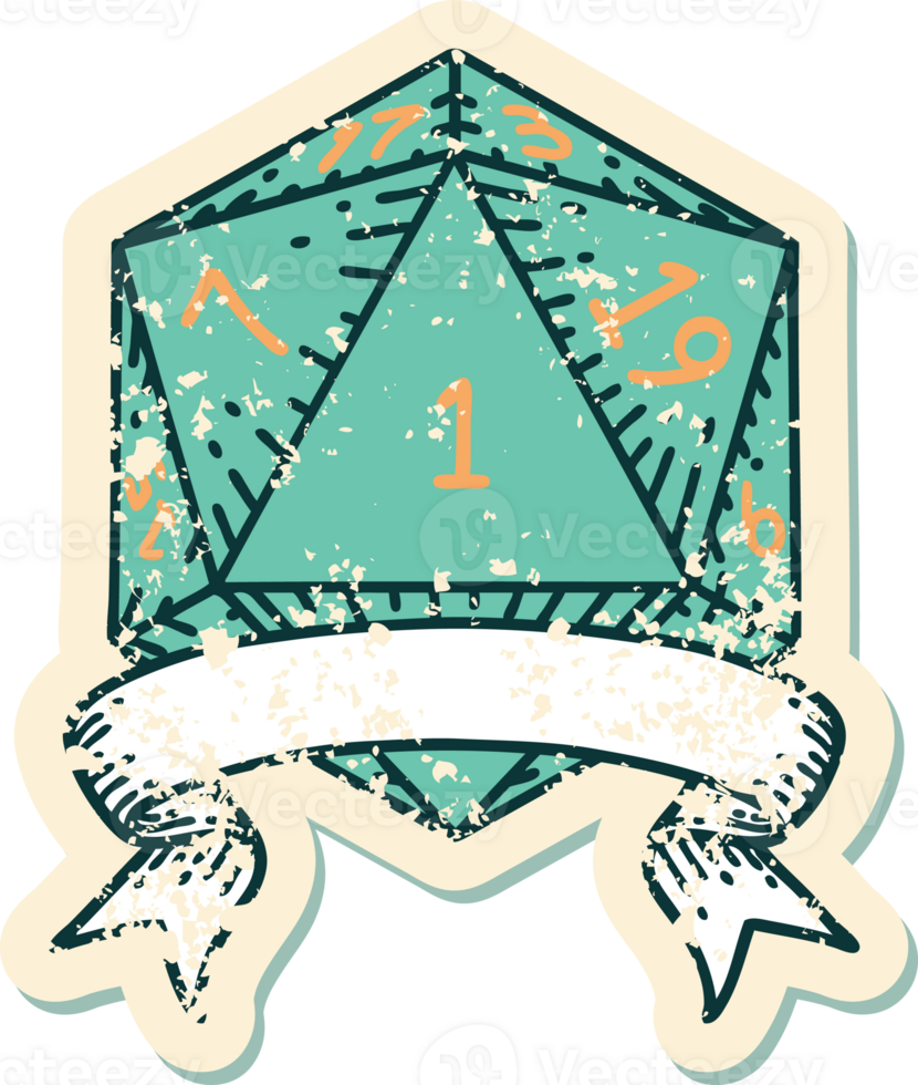 Retro Tattoo Style natural one d20 dice roll png
