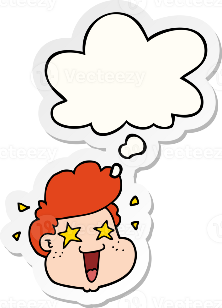 cartoon boy's face with thought bubble as a printed sticker png