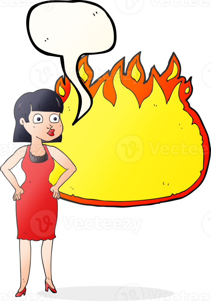 hand drawn speech bubble cartoon woman in dress with hands on hips and flame banner png