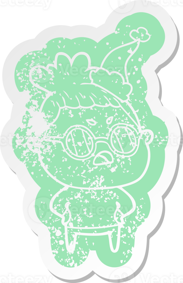 quirky cartoon distressed sticker of a annoyed woman wearing santa hat png