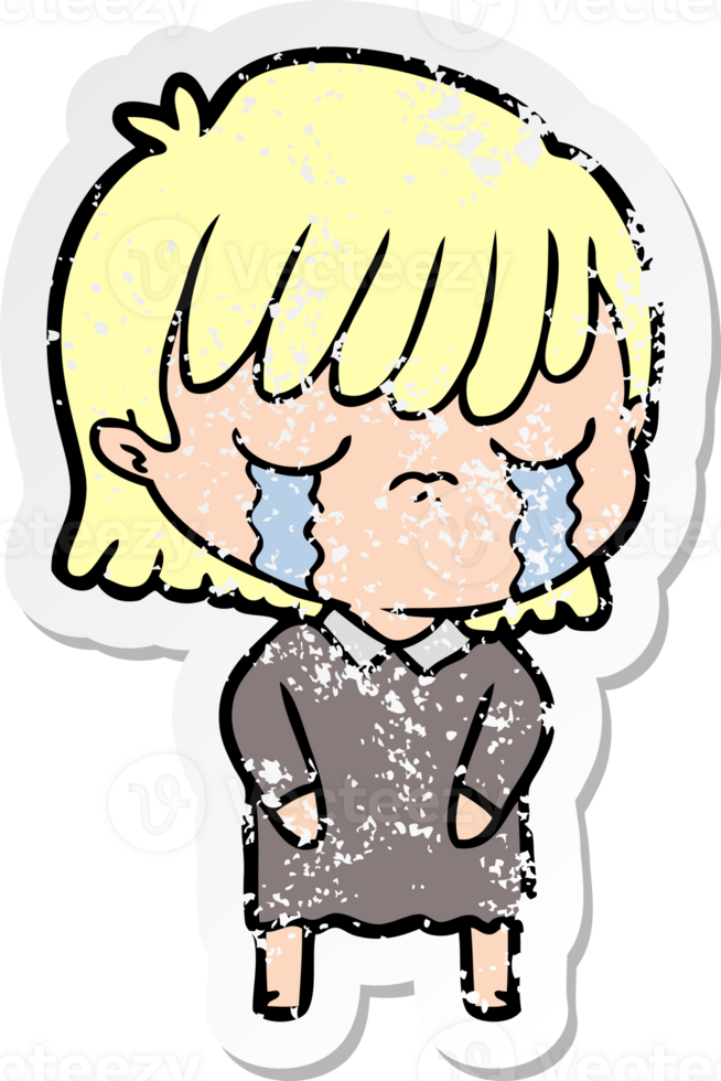 distressed sticker of a cartoon woman crying png