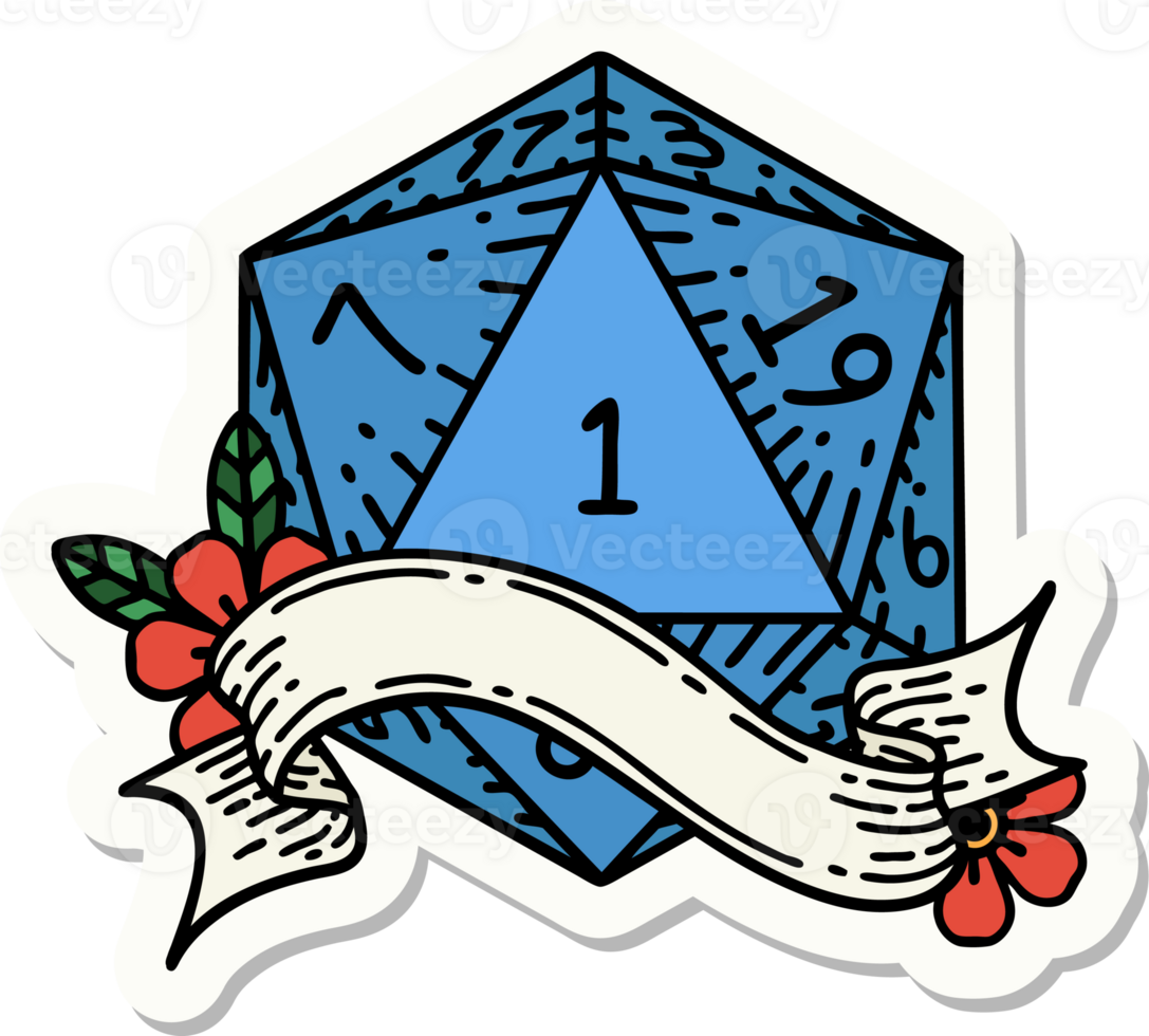 sticker of a natural one d20 dice roll png