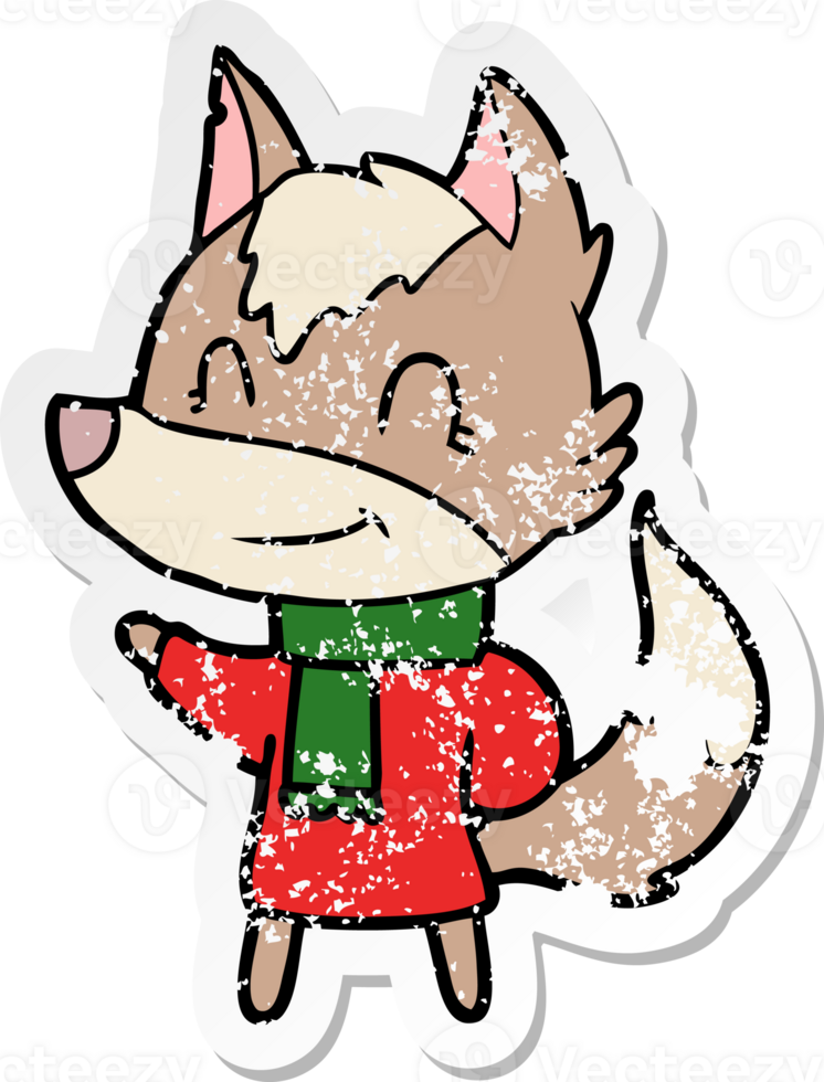 distressed sticker of a friendly cartoon wolf in winter clothes png