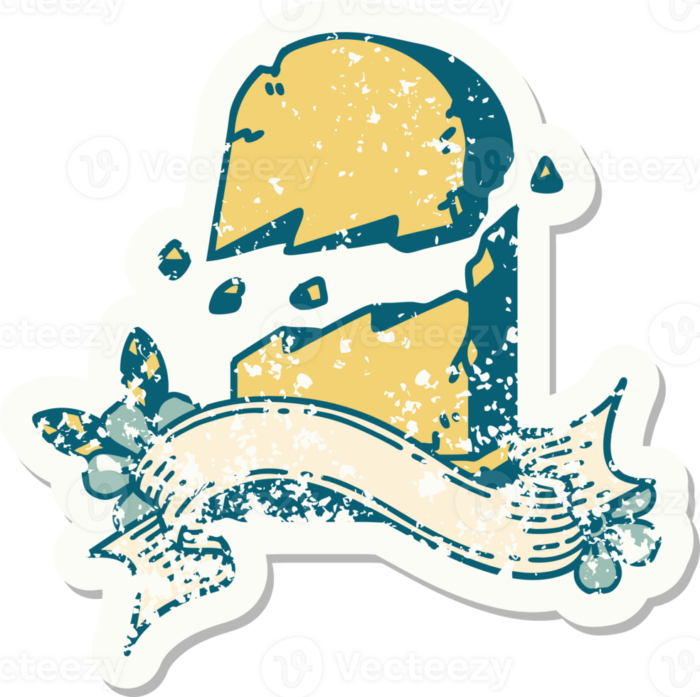 worn old sticker with banner of a broken grave stone png