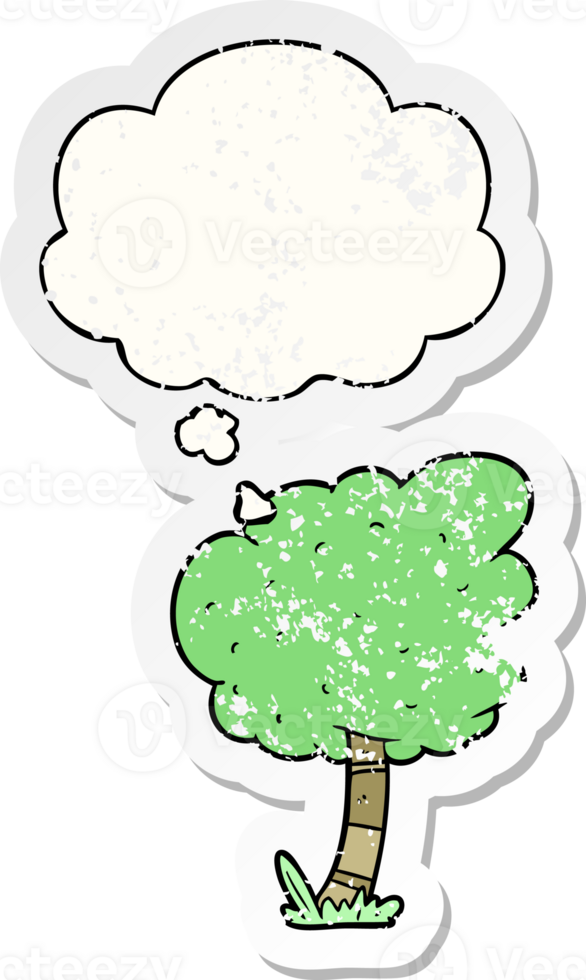 cartoon tree with thought bubble as a distressed worn sticker png