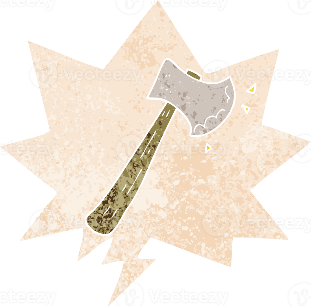 cartoon axe with speech bubble in grunge distressed retro textured style png