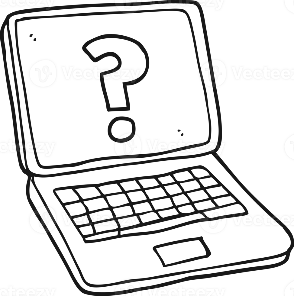 hand drawn black and white cartoon laptop computer with question mark png