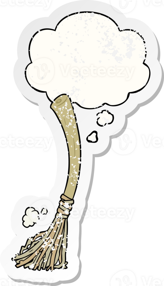cartoon magic broom with thought bubble as a distressed worn sticker png