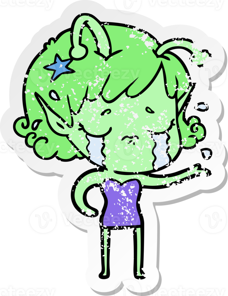 distressed sticker of a cartoon crying alien girl png