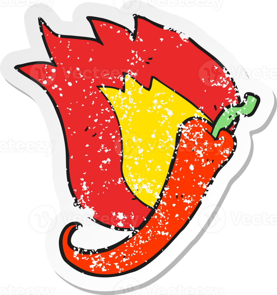 retro distressed sticker of a cartoon flaming hot chilli pepper png