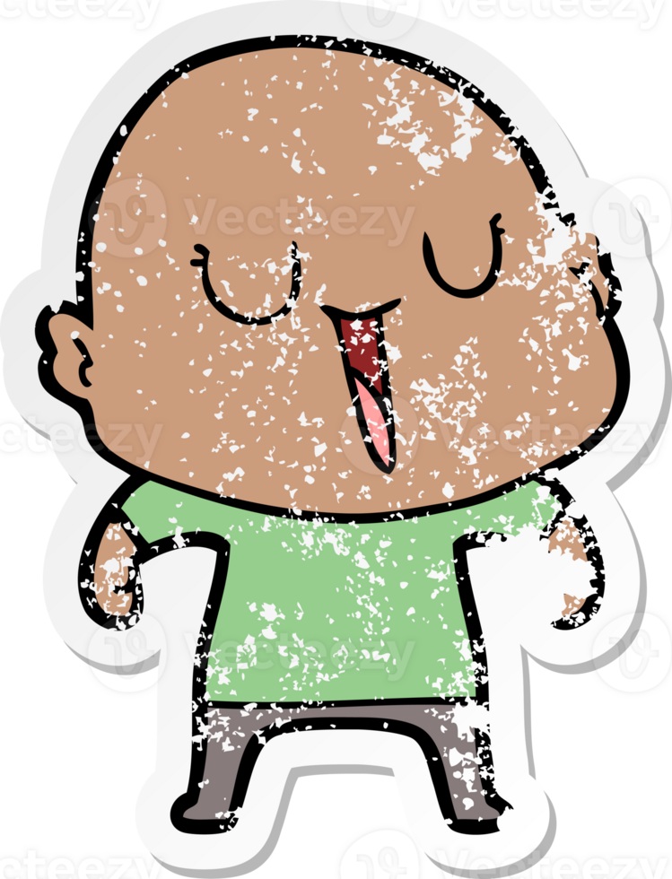 distressed sticker of a happy cartoon bald man png
