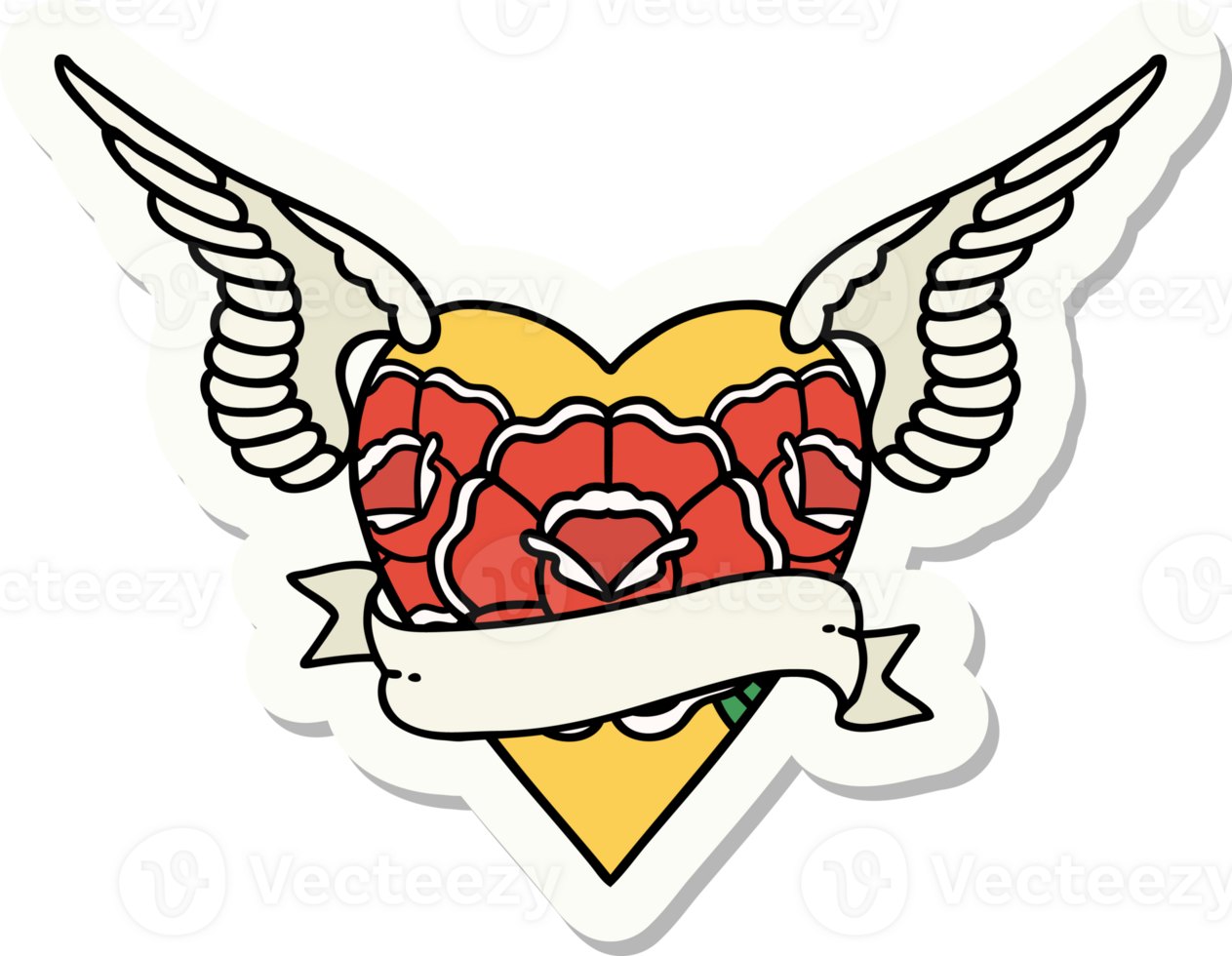 sticker of tattoo in traditional style of heart with wings flowers and banner png