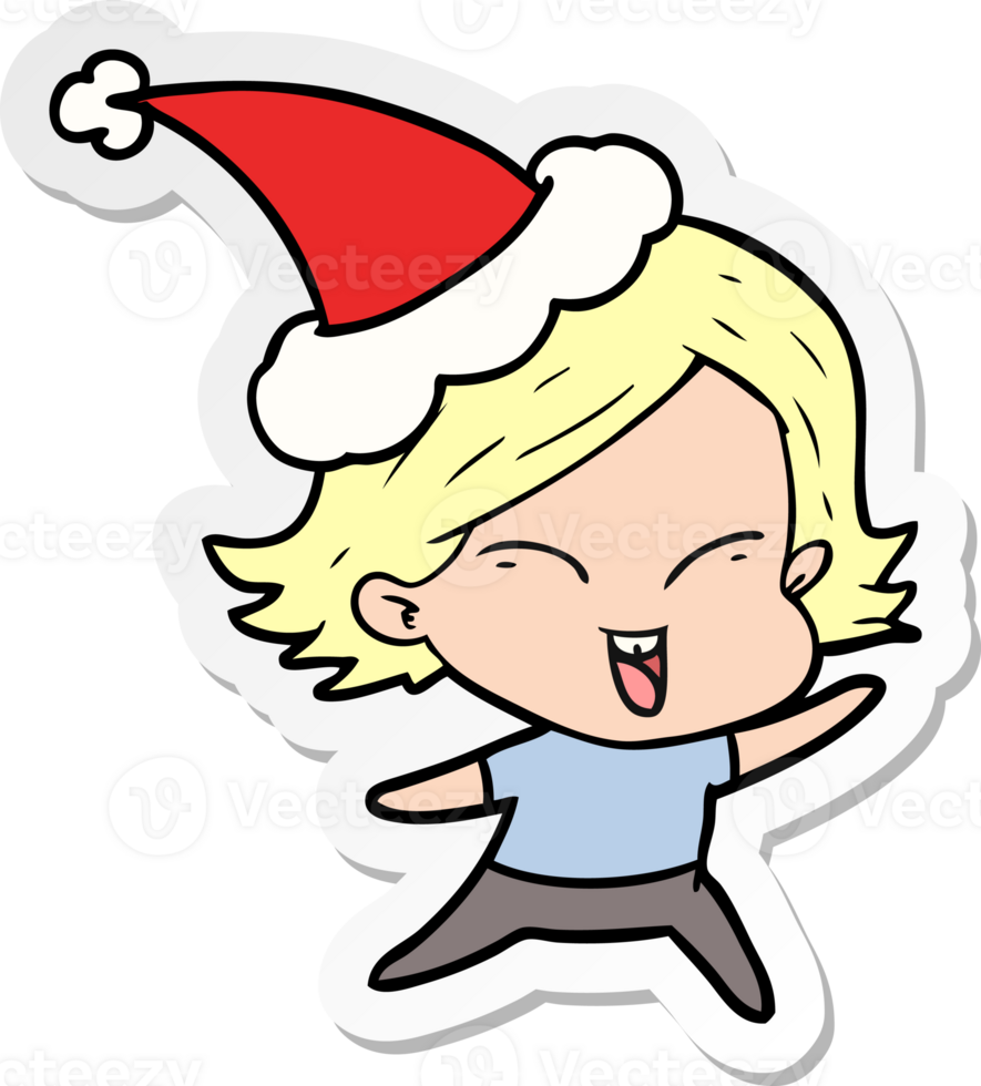 happy hand drawn sticker cartoon of a girl wearing santa hat png