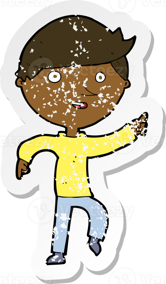 retro distressed sticker of a cartoon happy pointing png