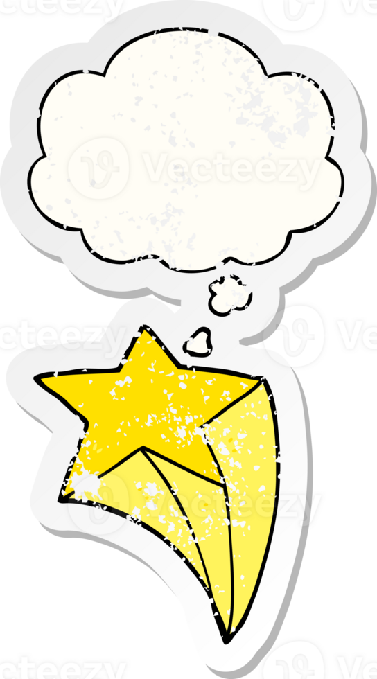 cartoon shooting star with thought bubble as a distressed worn sticker png