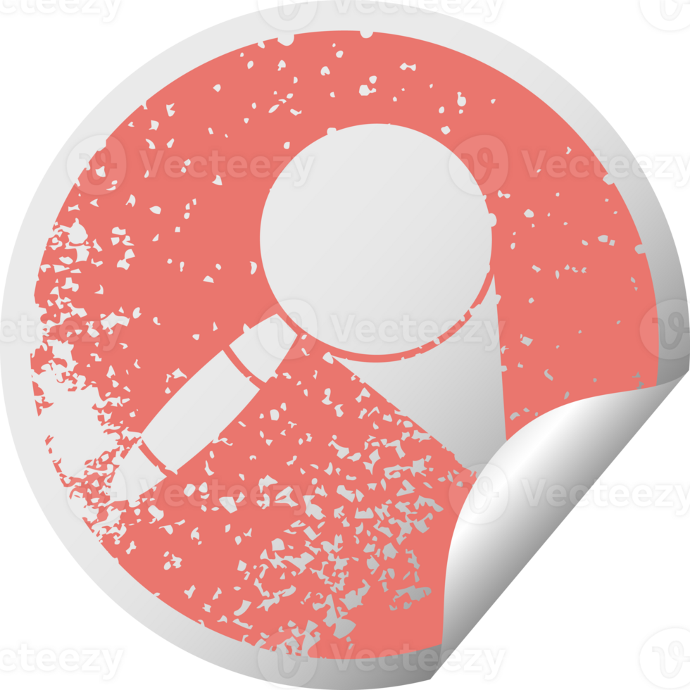 distressed circular peeling sticker symbol of a magnifying glass png