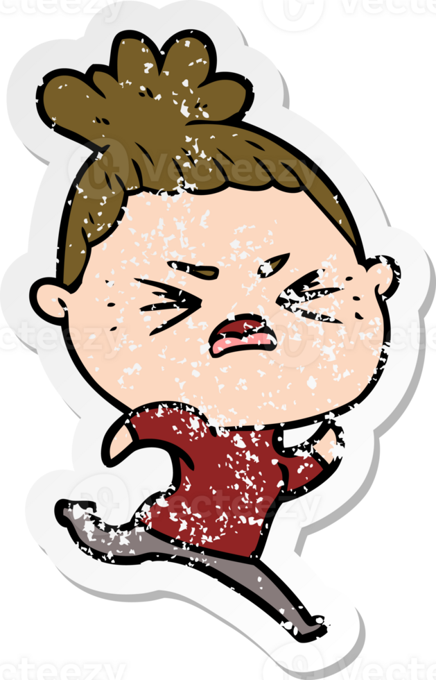 distressed sticker of a cartoon angry woman png