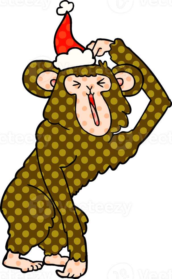 hand drawn comic book style illustration of a chimp scratching head wearing santa hat png