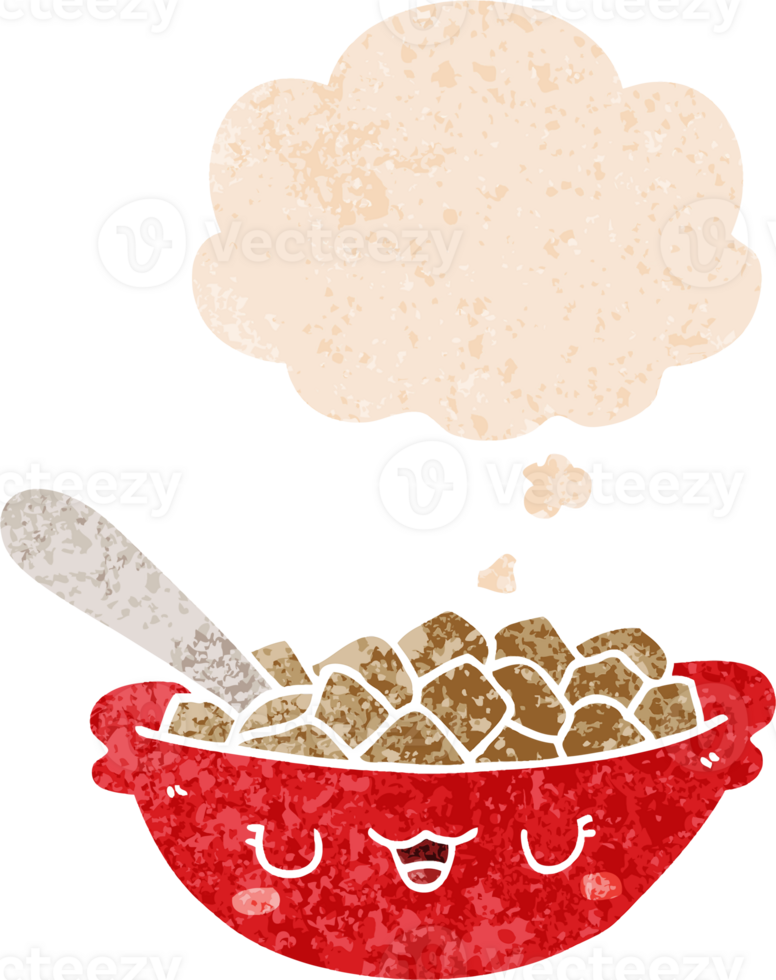 cute cartoon bowl of cereal with thought bubble in grunge distressed retro textured style png