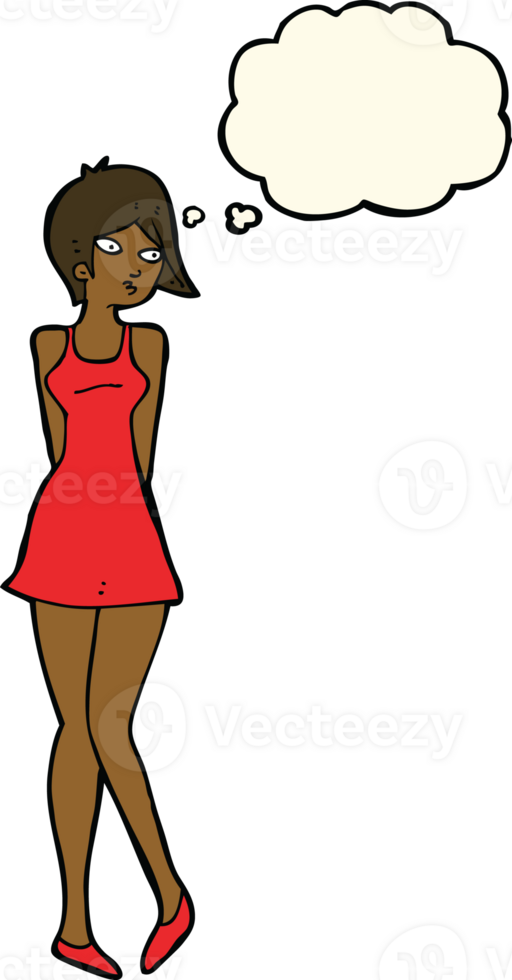 cartoon pretty woman in dress with thought bubble png