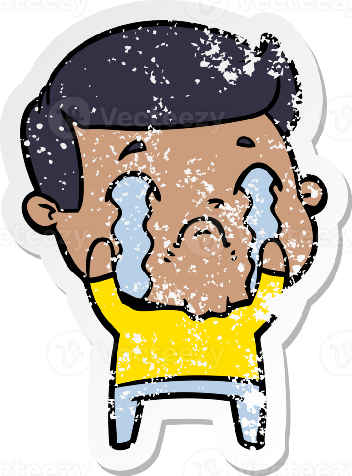 distressed sticker of a cartoon man crying png