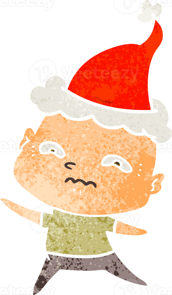hand drawn retro cartoon of a nervous man wearing santa hat png