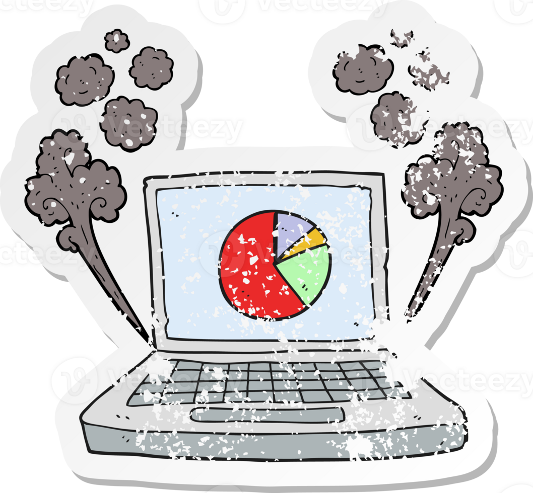 retro distressed sticker of a cartoon laptop computer with pie chart png