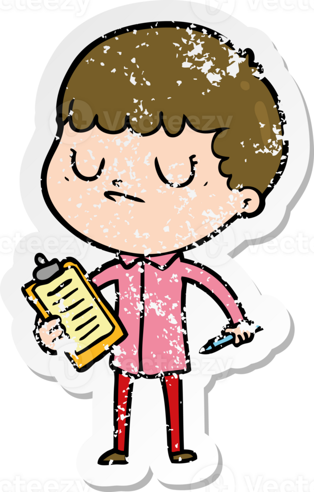 distressed sticker of a cartoon grumpy boy png