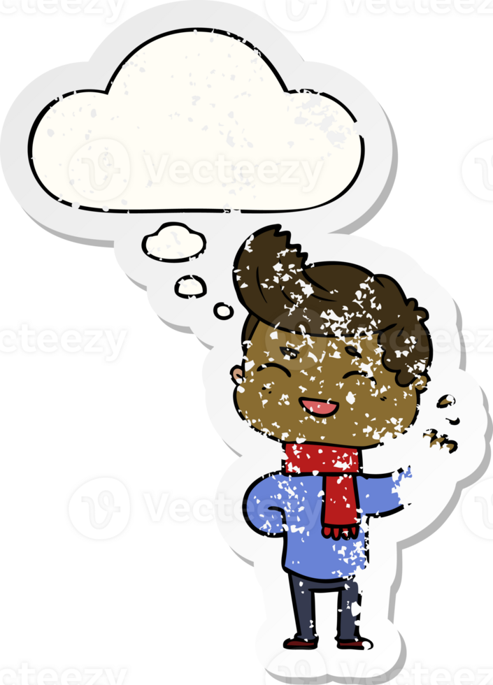 cartoon man laughing with thought bubble as a distressed worn sticker png
