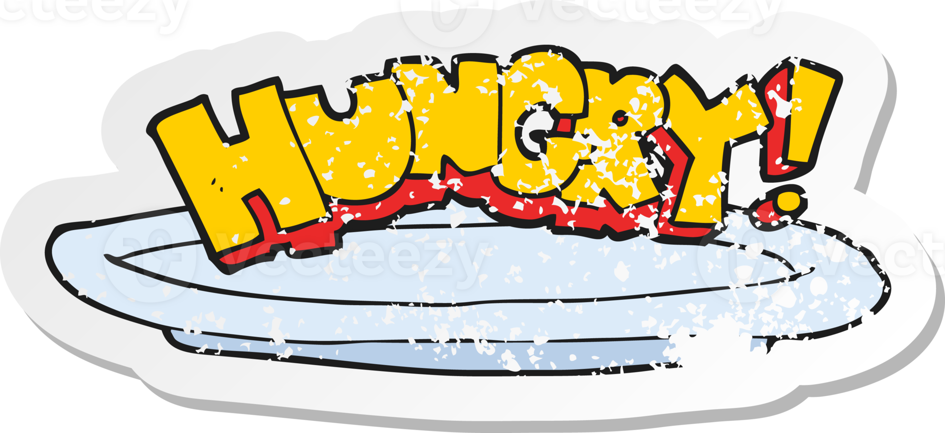 retro distressed sticker of a cartoon empty plate with hungry symbol png