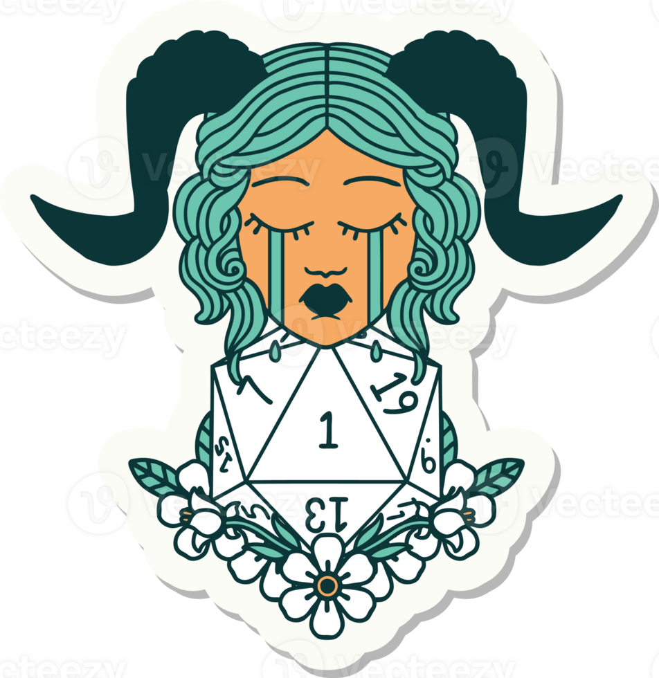sticker of a crying tiefling with natural one D20 dice roll png