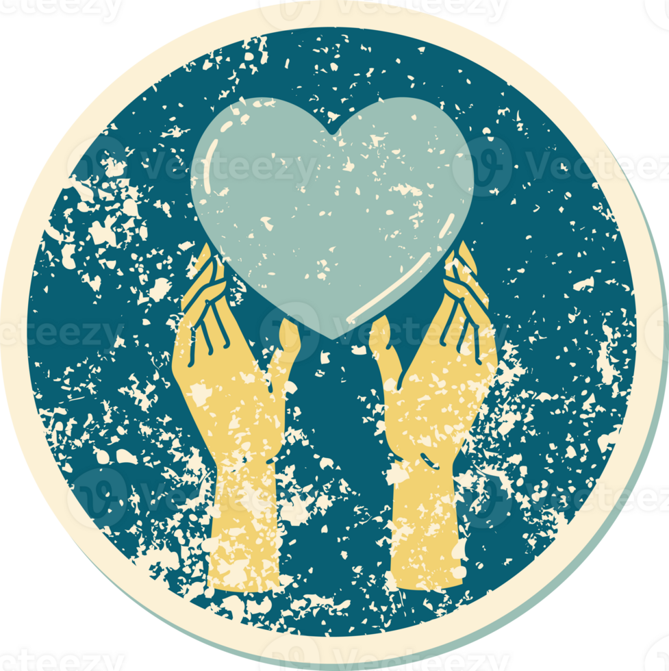 iconic distressed sticker tattoo style image of hands reaching for a heart png