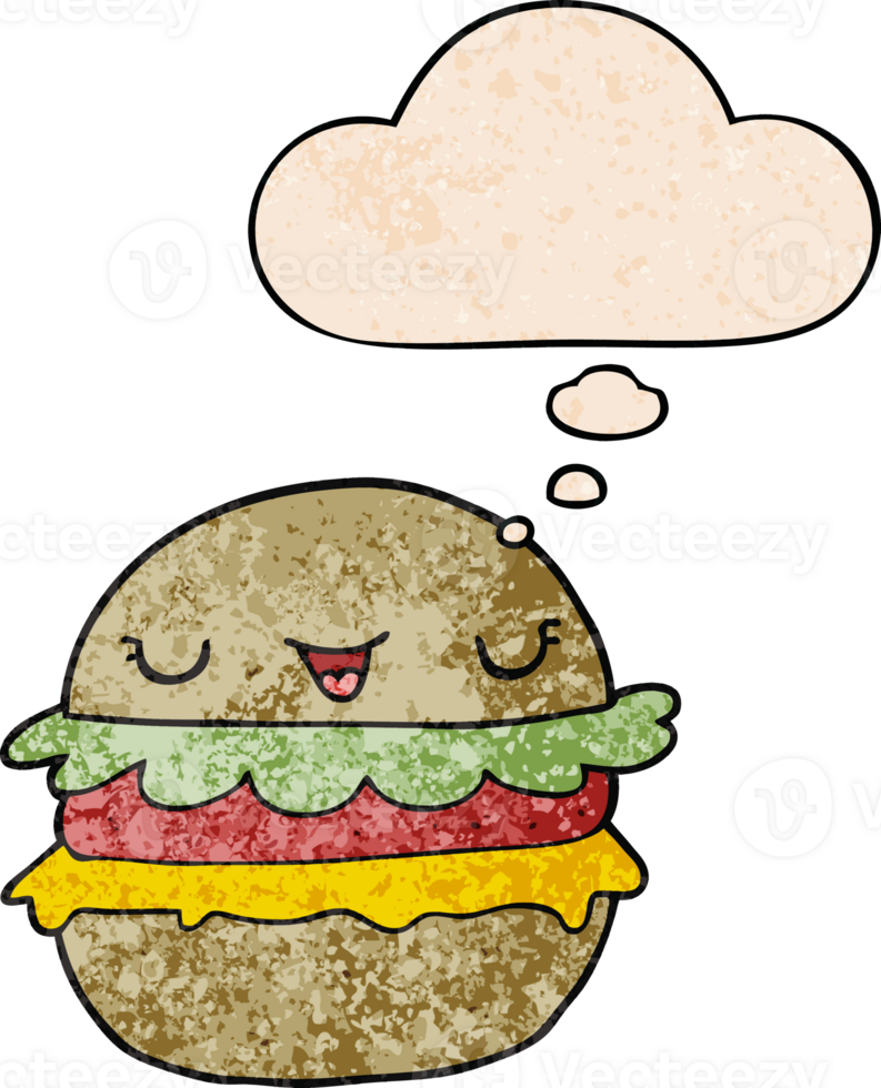 cartoon burger with thought bubble in grunge texture style png