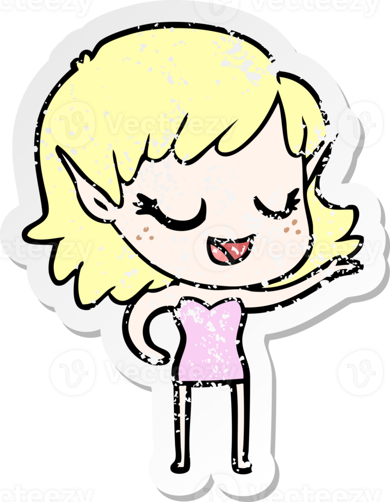 distressed sticker of a happy cartoon elf girl png