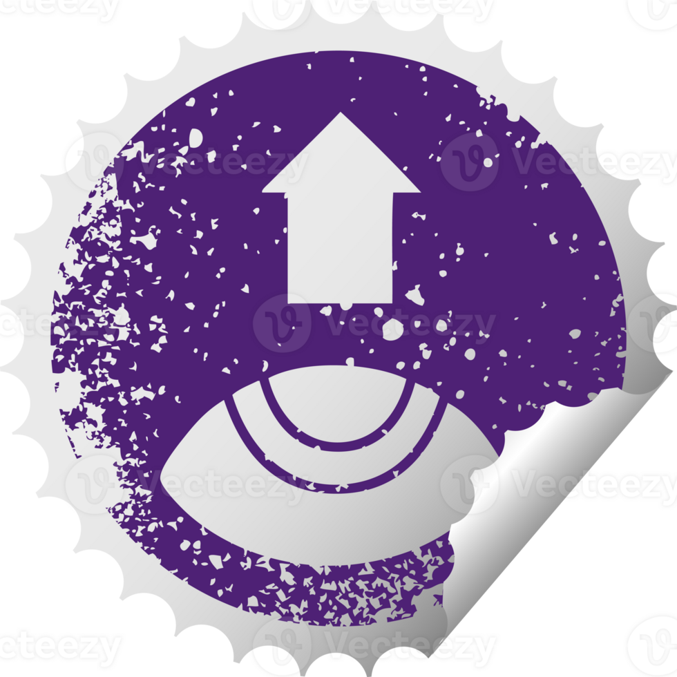 distressed circular peeling sticker symbol of a eye looking up png