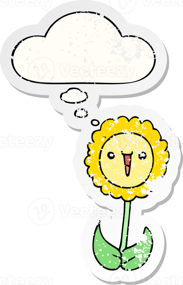 cartoon flower with thought bubble as a distressed worn sticker png