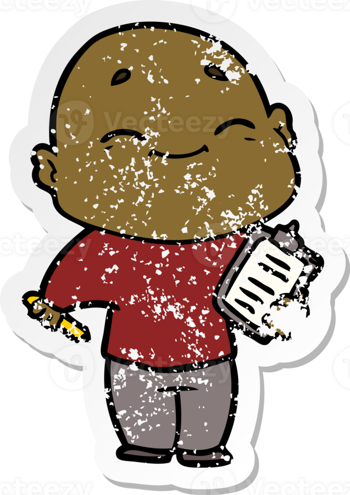 distressed sticker of a happy cartoon bald man png