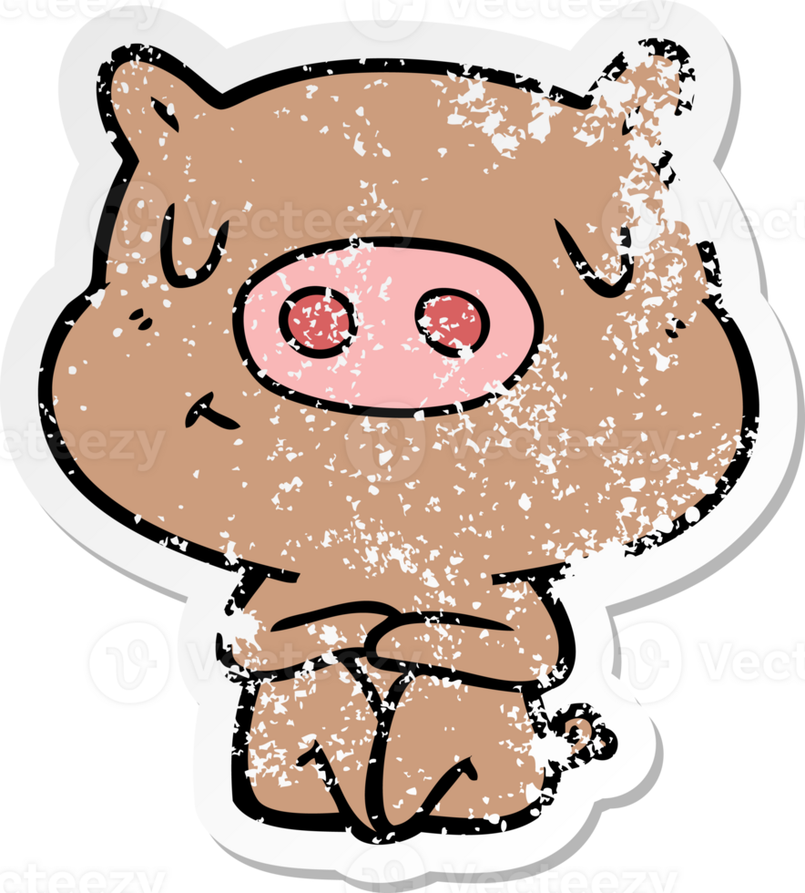distressed sticker of a cartoon content pig meditating png