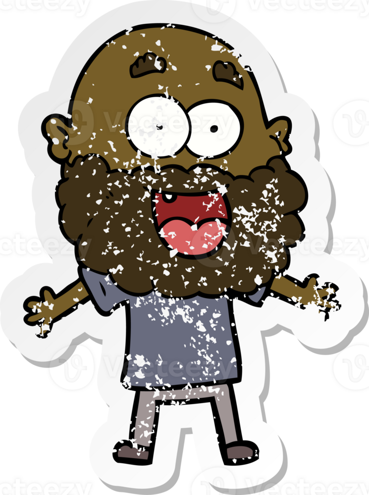 distressed sticker of a cartoon crazy happy man with beard png