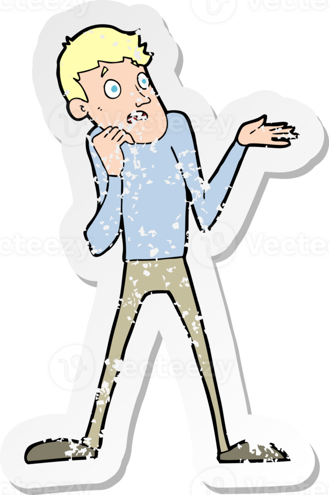 retro distressed sticker of a cartoon nervous man png