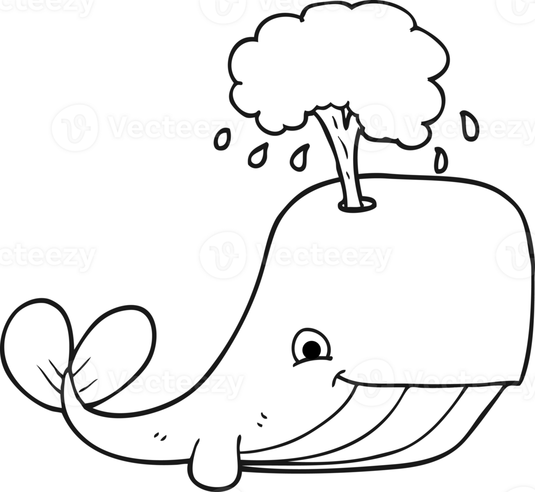 drawn black and white cartoon whale spouting water png