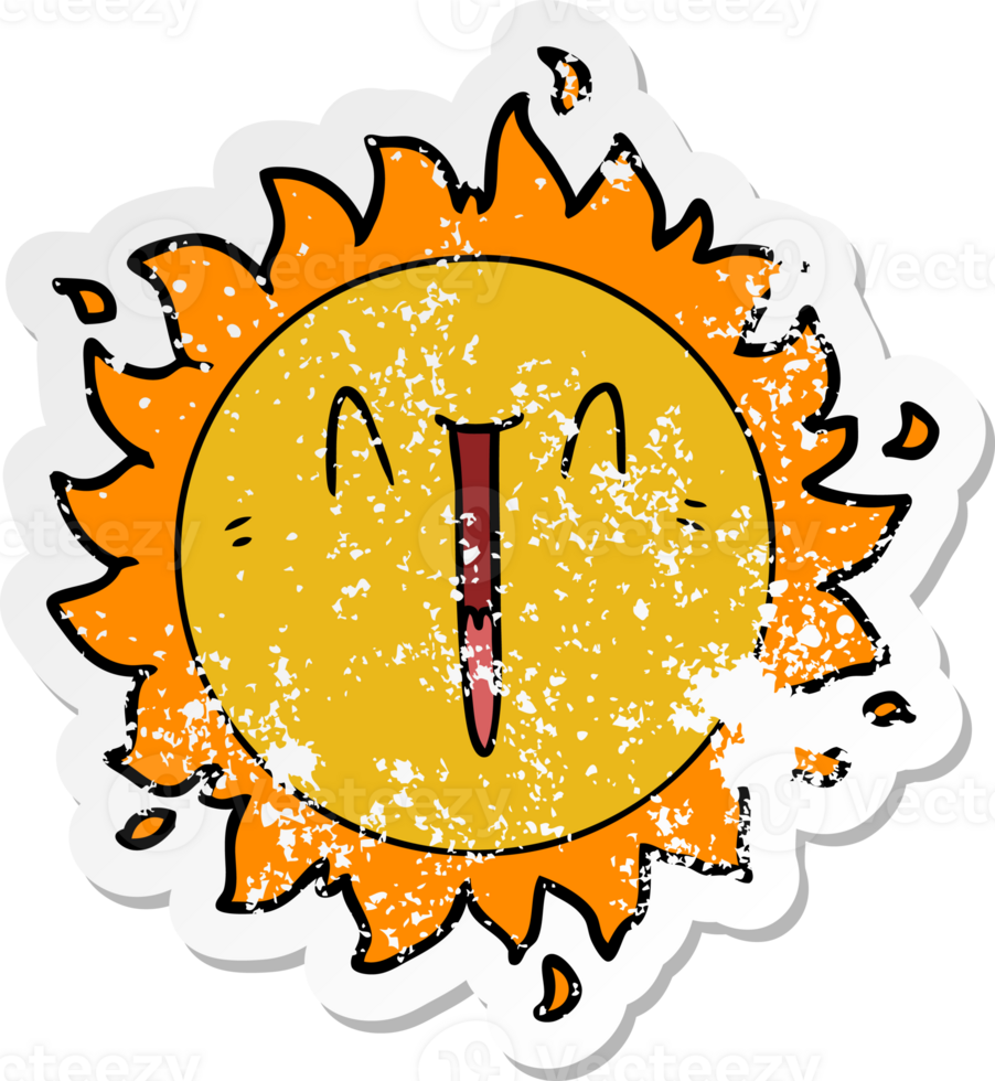distressed sticker of a happy cartoon sun png