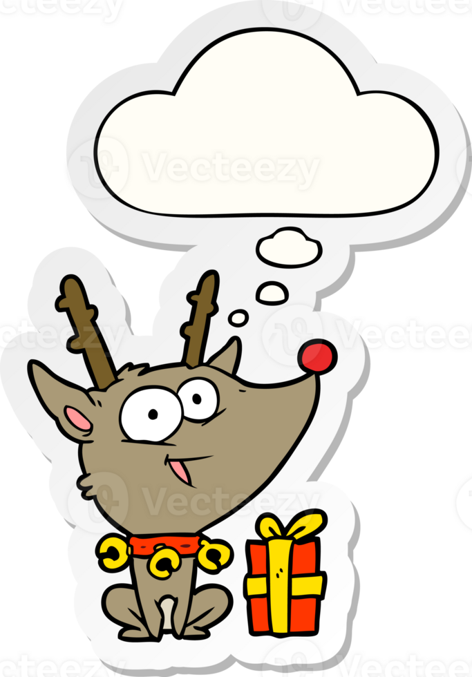 cartoon christmas reindeer with thought bubble as a printed sticker png