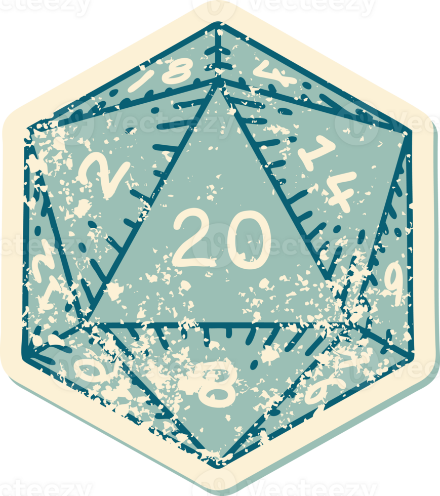 iconic distressed sticker tattoo style image of a d20 dice png