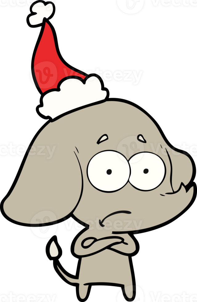 hand drawn line drawing of a unsure elephant wearing santa hat png