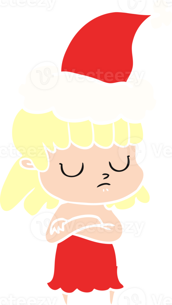 hand drawn flat color illustration of a indifferent woman wearing santa hat png